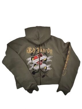Ed Hardy Olive Green Zip Hoodie with Tattoo Heart Graphic
